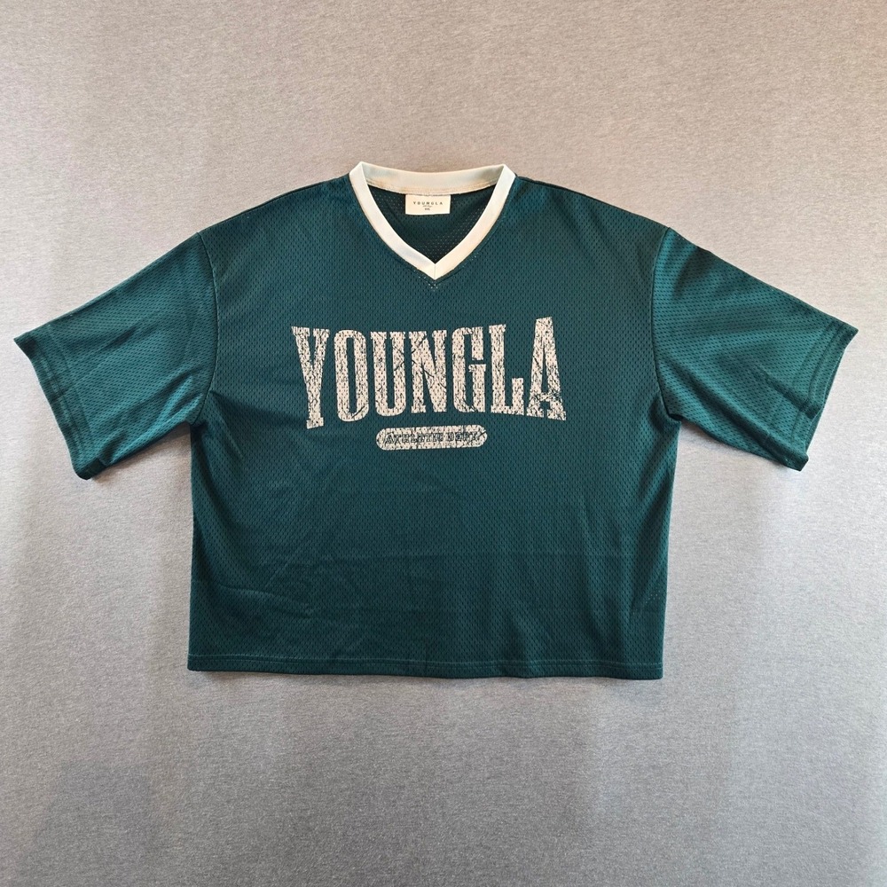 YoungLA Varsity Football Jersey Mens XXL Teal Green Cropped Mesh Graphic 4187